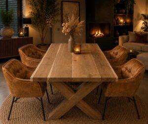 Boomstamtafel eiken + 4 gratis stoelen